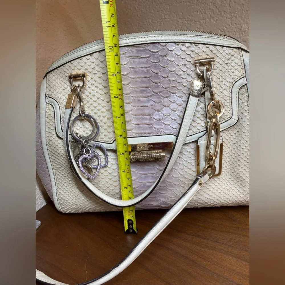 Coach Madison Textured Embossed Python Satchel Bag Ivory Purple Large Charms‎